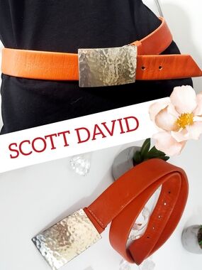 Scott David🧡Vintage Orange Leather Belt with Hammered Silver Metal Buckle